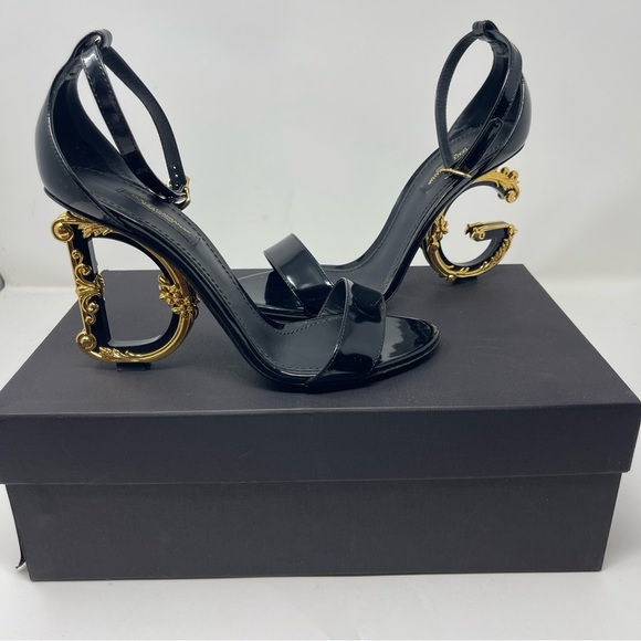 Dolce&Gabbana Black Gold Sculpted-Heel Baroque DG Patent Leather Sandals sz 38 8 - Picture 6 of 13
